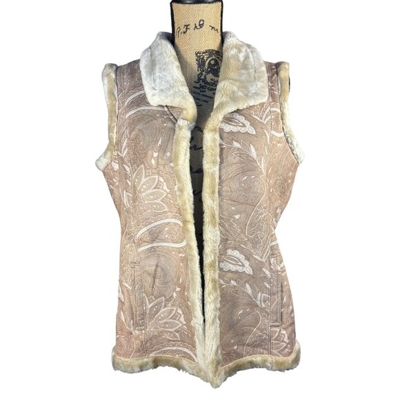 Coldwater Creek Womens Faux Fur Trimmed Sleeveless Vest Beige/Tan Medium - Picture 1 of 9